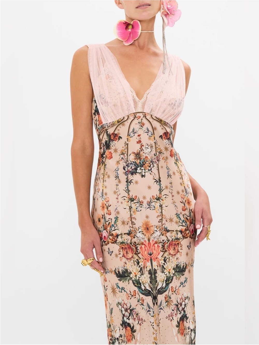 Miss Rosier Floral Lace Mesh Overlay Maxi Dress